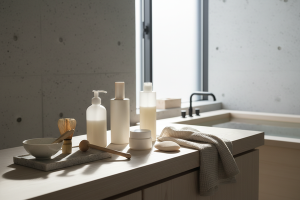 A calm, minimalist Japanese personal care scene photographed in natural light. Simple skincare tools and unbranded neutral containers arranged on a clean wooden or stone surface in a Japanese bathroom or vanity setting. No people visible. No text, no packaging labels, and no brand logos. Soft shadows, neutral colors, and a quiet, premium atmosphere that reflects Japanese craftsmanship and everyday self-care.
