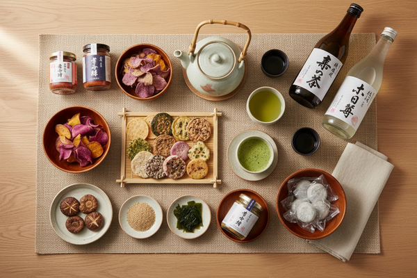 Assorted Japanese foods and beverages on a table, curated from makers in Japan.”